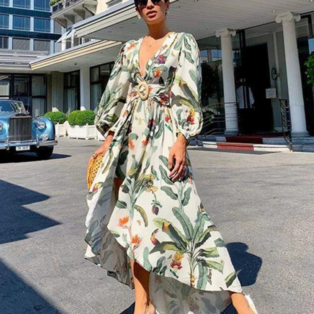 ZARA Sexy Deep V Off Shoulder Slit Floral Print Long Dress